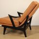 Paire de fauteuils vintage années 50 en bois noir et cuir caramel