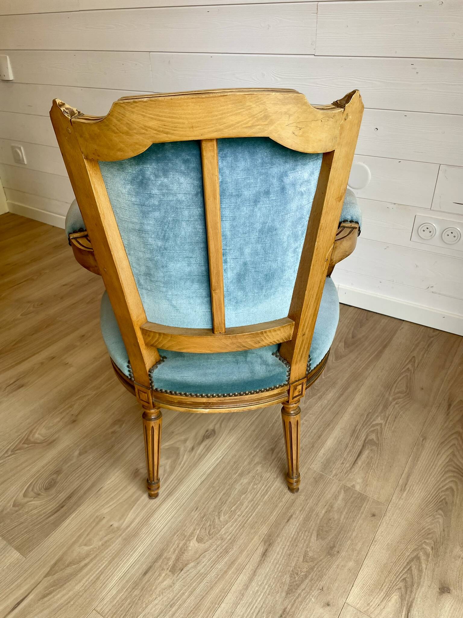 Pair of Louis XVI vintage cabriolet armchairs in duck blue velvet and wood.