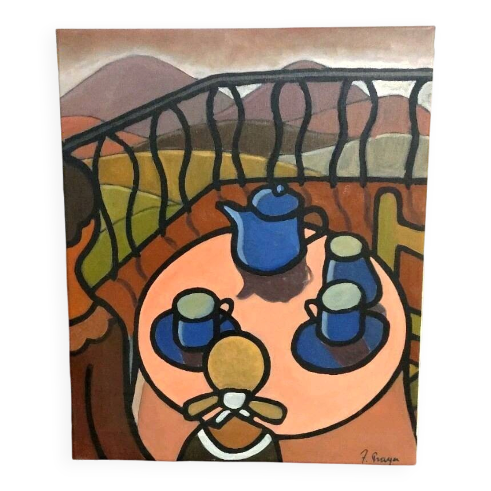 Oil painting on canvas "Breakfast on the Terrace" by Franco Prayer (1924) 58 x 48 cm