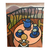 Oil painting on canvas "Breakfast on the Terrace" by Franco Prayer (1924) 58 x 48 cm