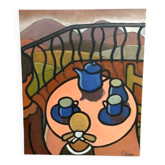 Oil painting on canvas "Breakfast on the Terrace" by Franco Prayer (1924) 58 x 48 cm