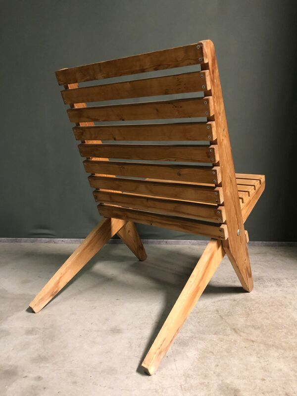 Chaise à ciseaux pliante en pin vintage