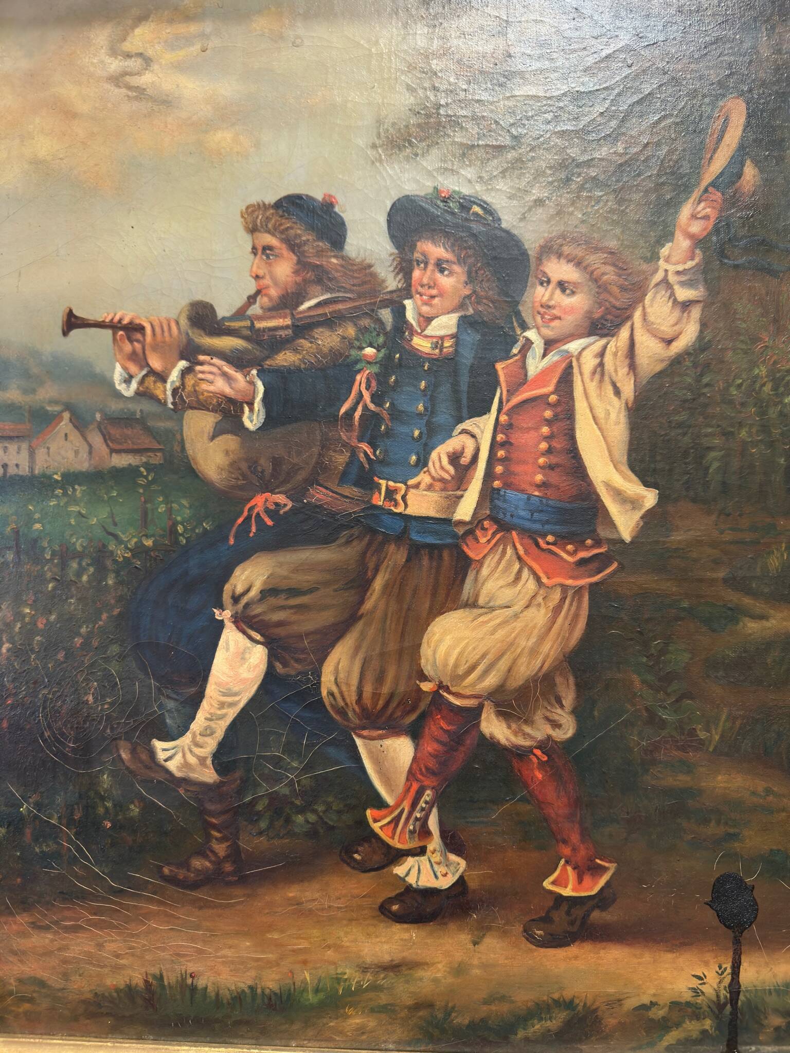 Oil on canvas 19th century – genre scene with musicians in costume