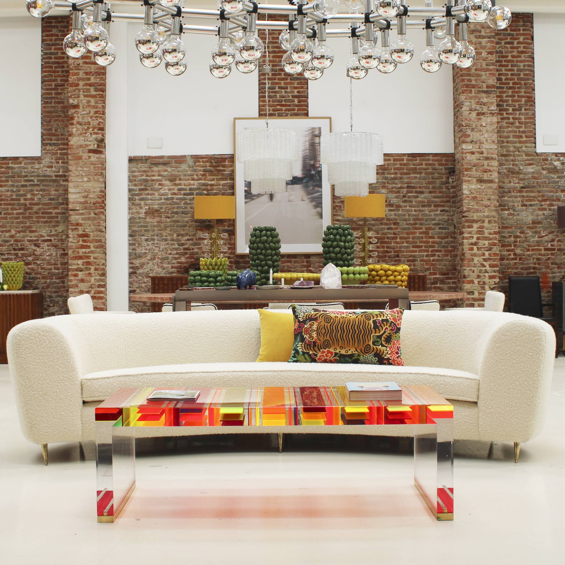 Curved Four-Seat Italian Sofa in White Bouclé Wool, Brass Legs