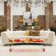 Curved Four-Seat Italian Sofa in White Bouclé Wool, Brass Legs