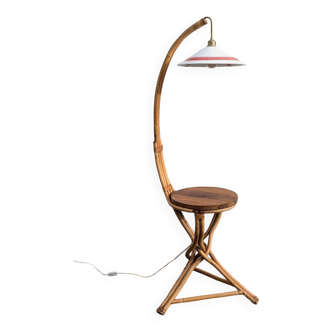 Vintage bamboo rattan floor lamp, with shelf