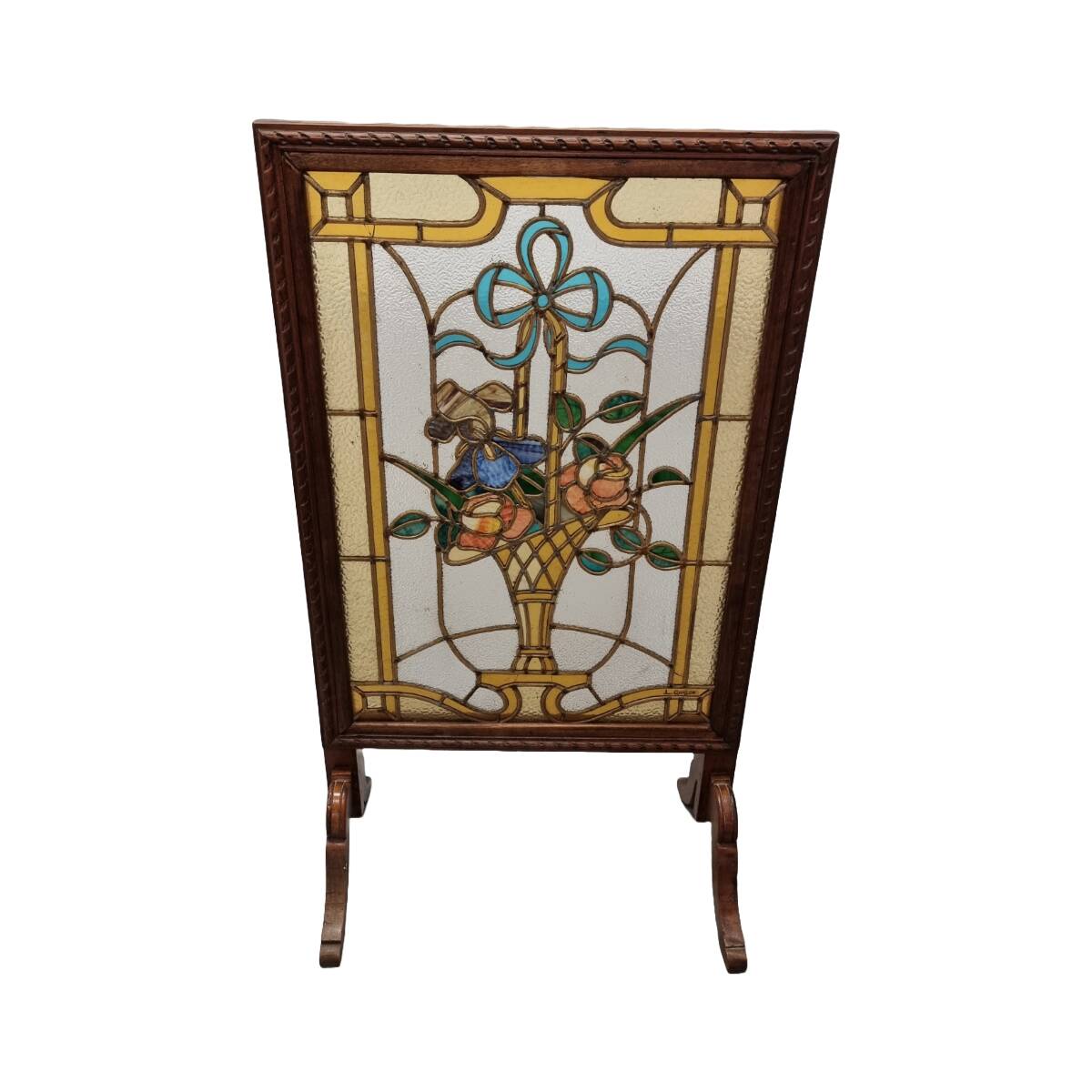 French stained glass fireplace screen L. Guillon, early 1900s