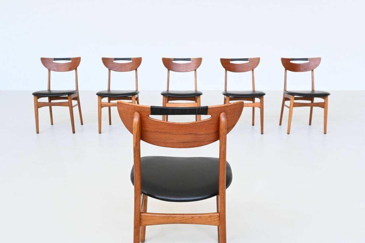 Set of six Danish dining chairs in teak and faux leather Denmark 1960