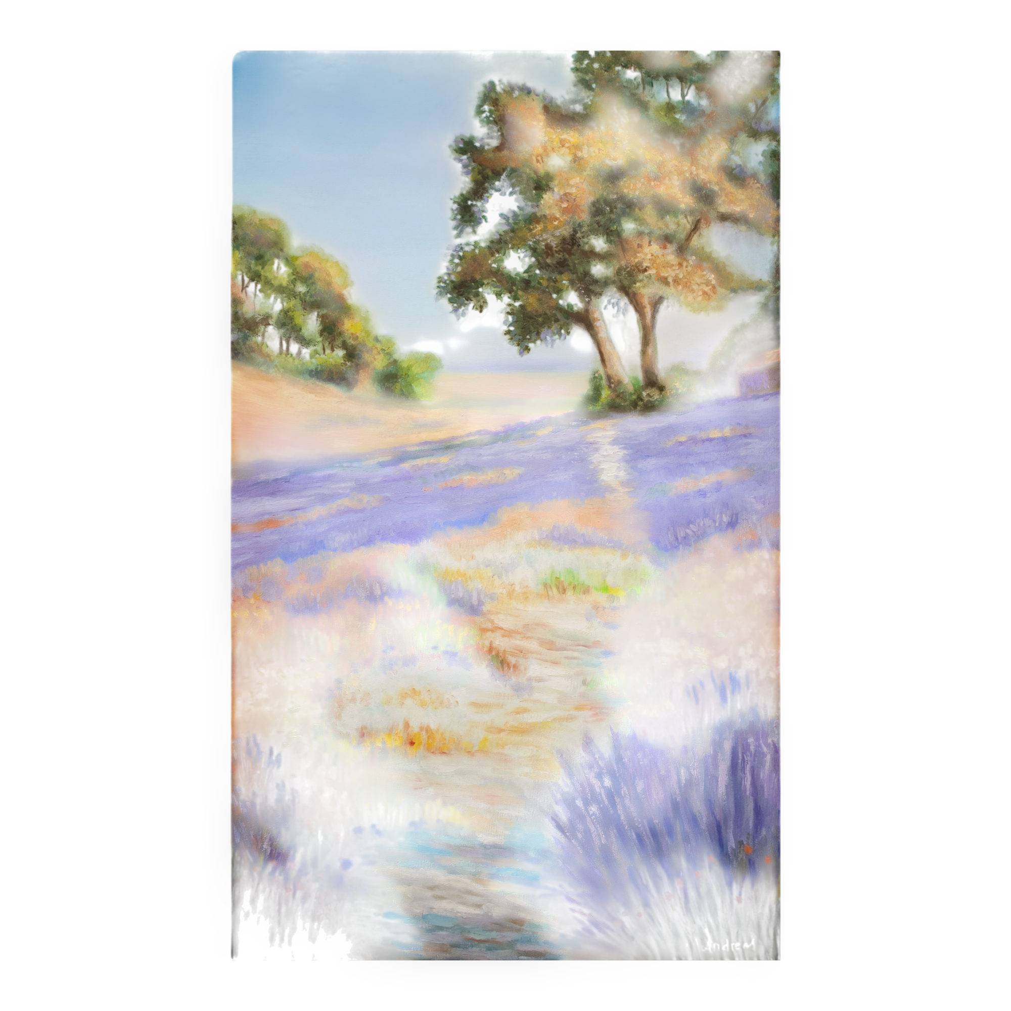 Oil painting on wooden panel, lavender landscape with lilacs and trees.