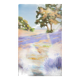 Oil painting on wooden panel, lavender landscape with lilacs and trees.