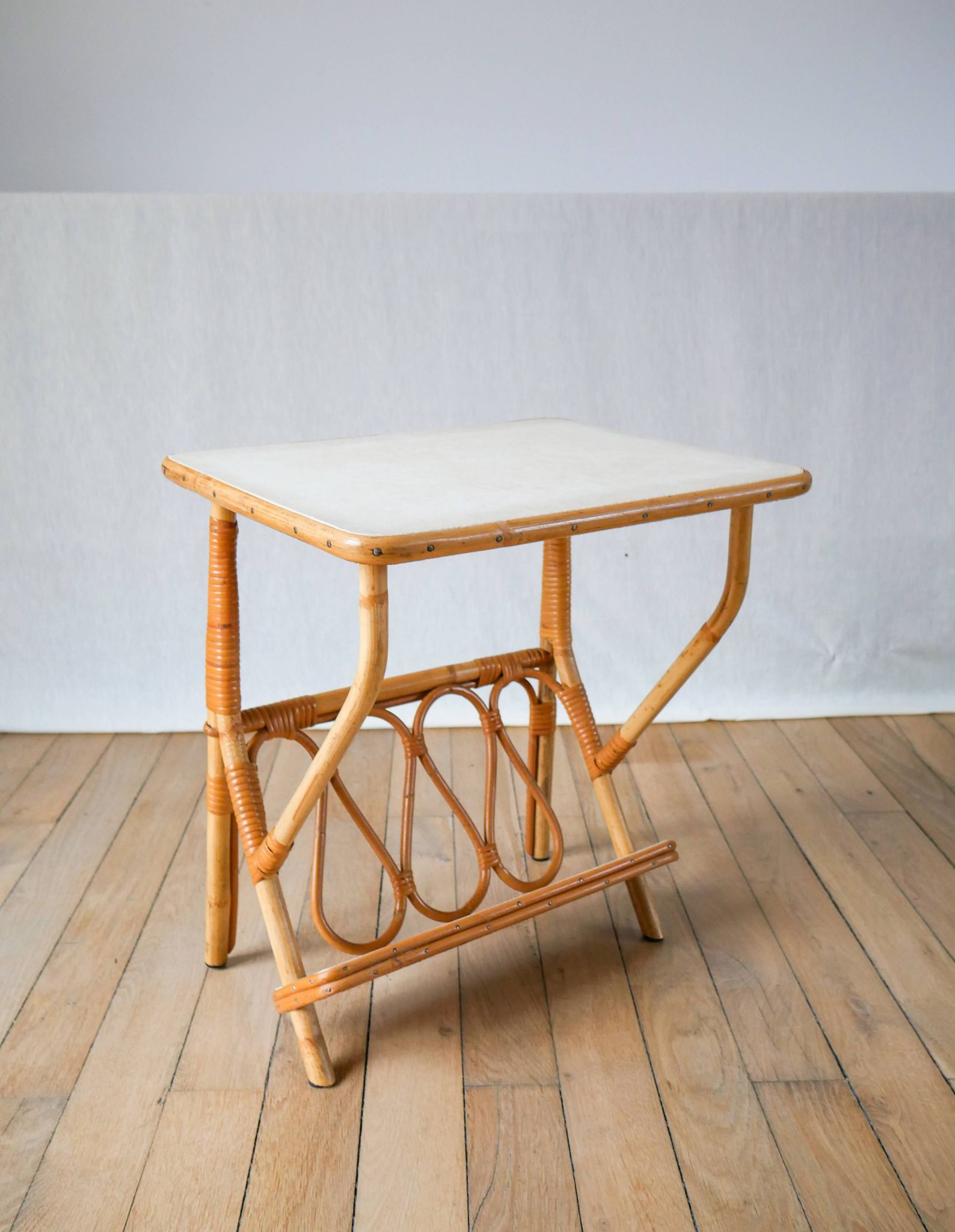 1960s rattan and bamboo side table with magazine rack