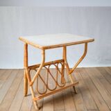 1960s rattan and bamboo side table with magazine rack