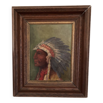 Old oil painting on panel of a Native American chief from the 19th century Wild West.