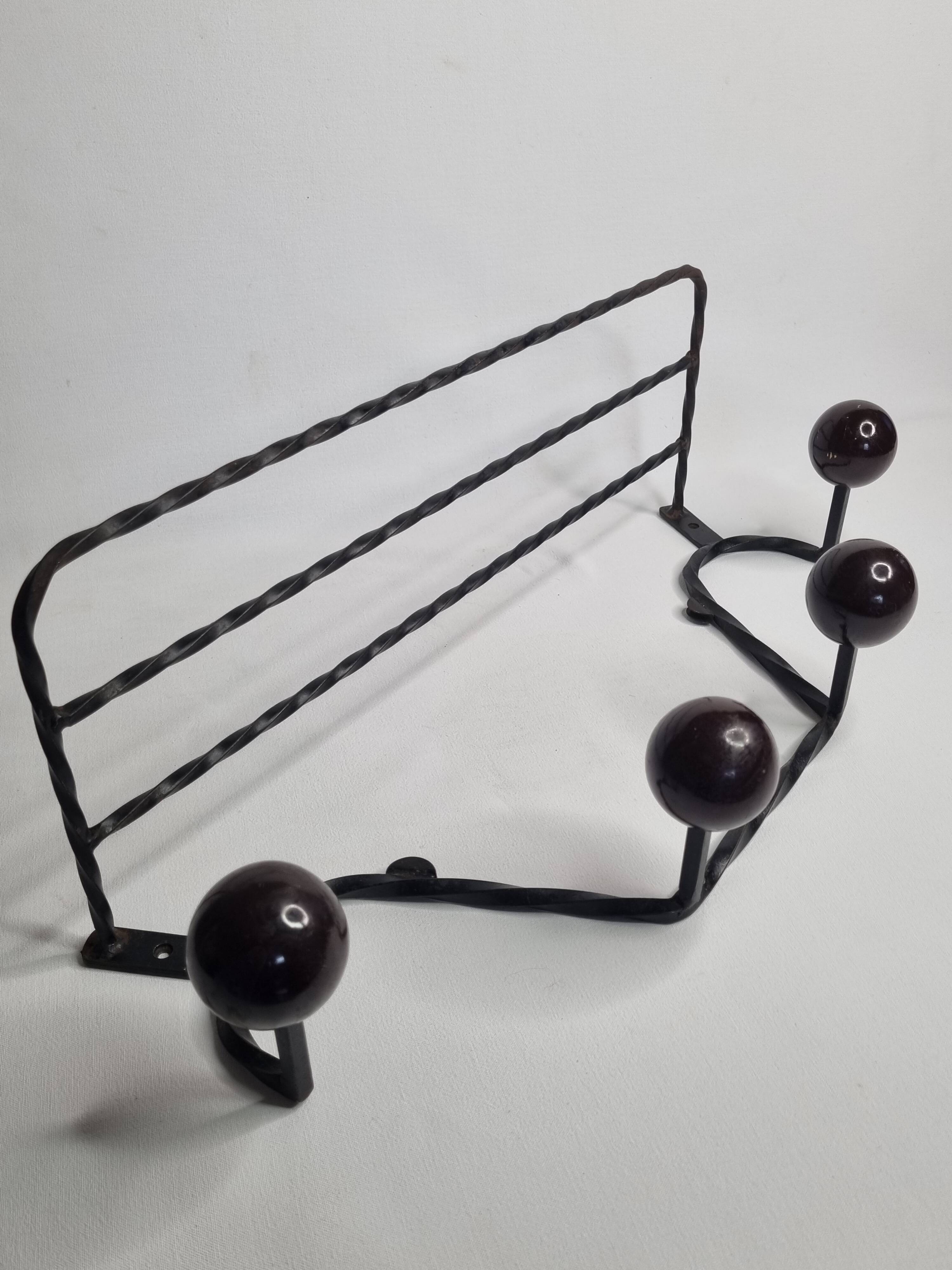 Vintage wrought iron wall coat rack with 4 hooks, 55 cm