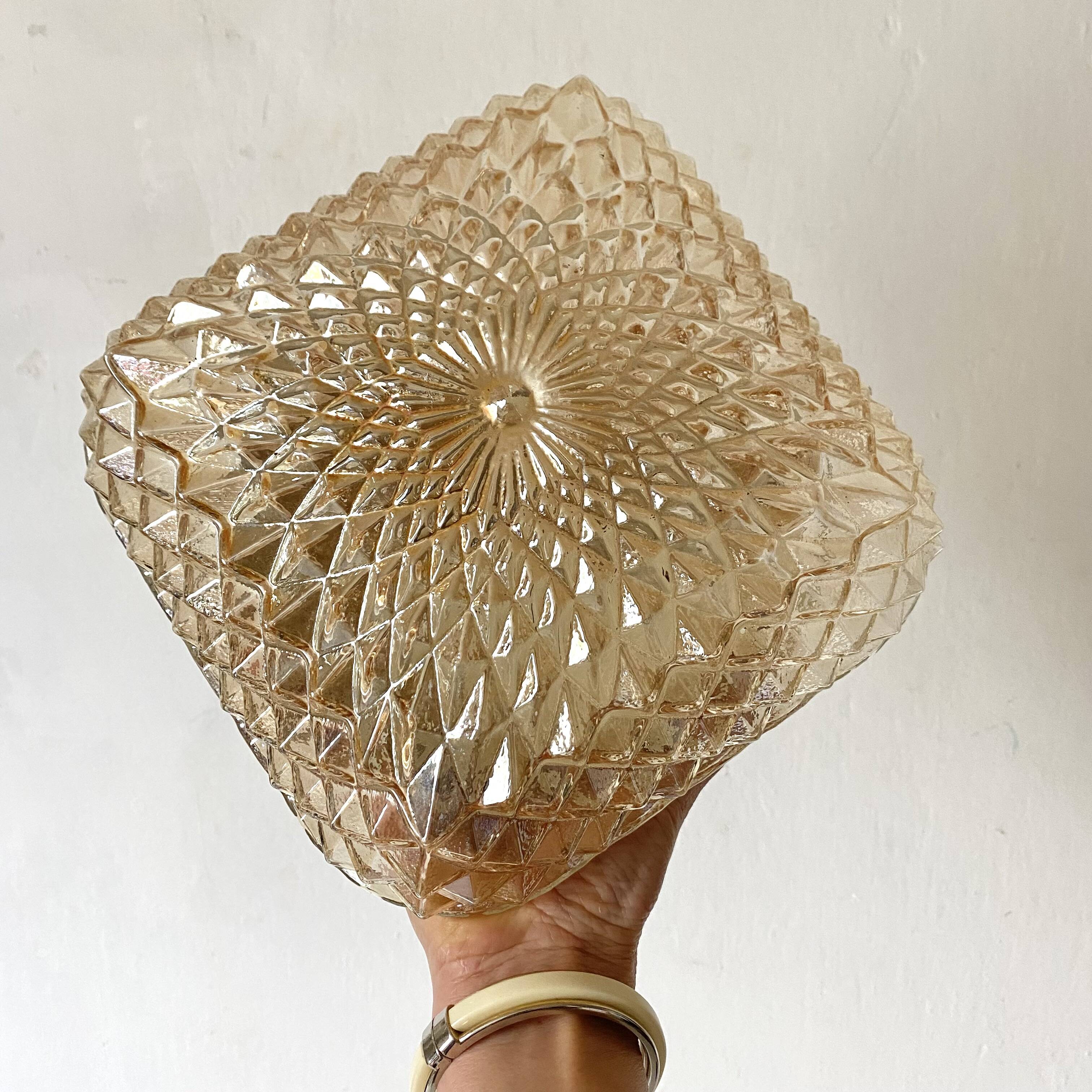 Square ceiling light in iridescent clear amber glass