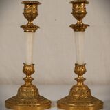 Pair of bronze and white opaline candlesticks