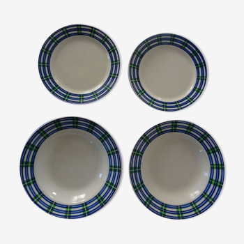 4 assiettes  faïence ancienne Badonviller 564112 ecossais vert et bleu