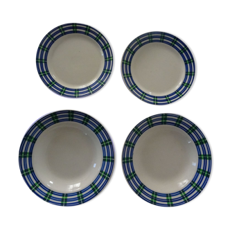 4 assiettes  faïence ancienne Badonviller 564112 ecossais vert et bleu