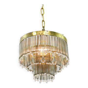 Mid-Century Teardrop 3-Tier Chandelier in Brass and Crystal, 19560s