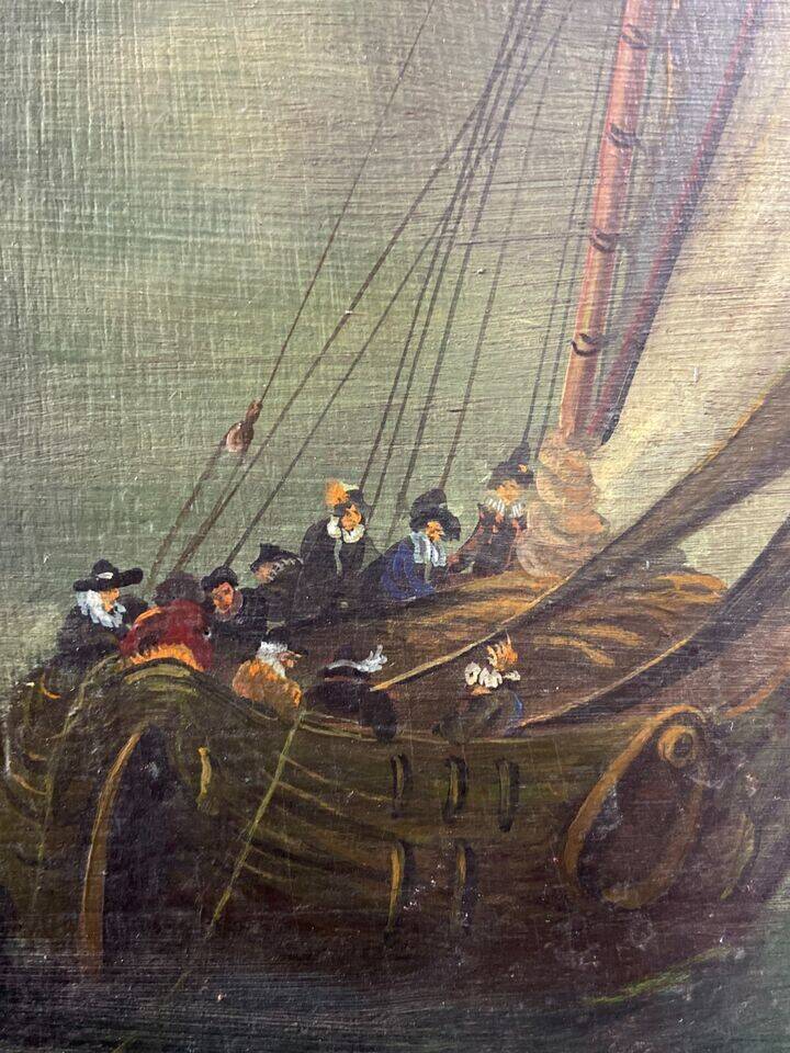 Tableau huile sur panneau Ecole hollandaise Marine monogrammée