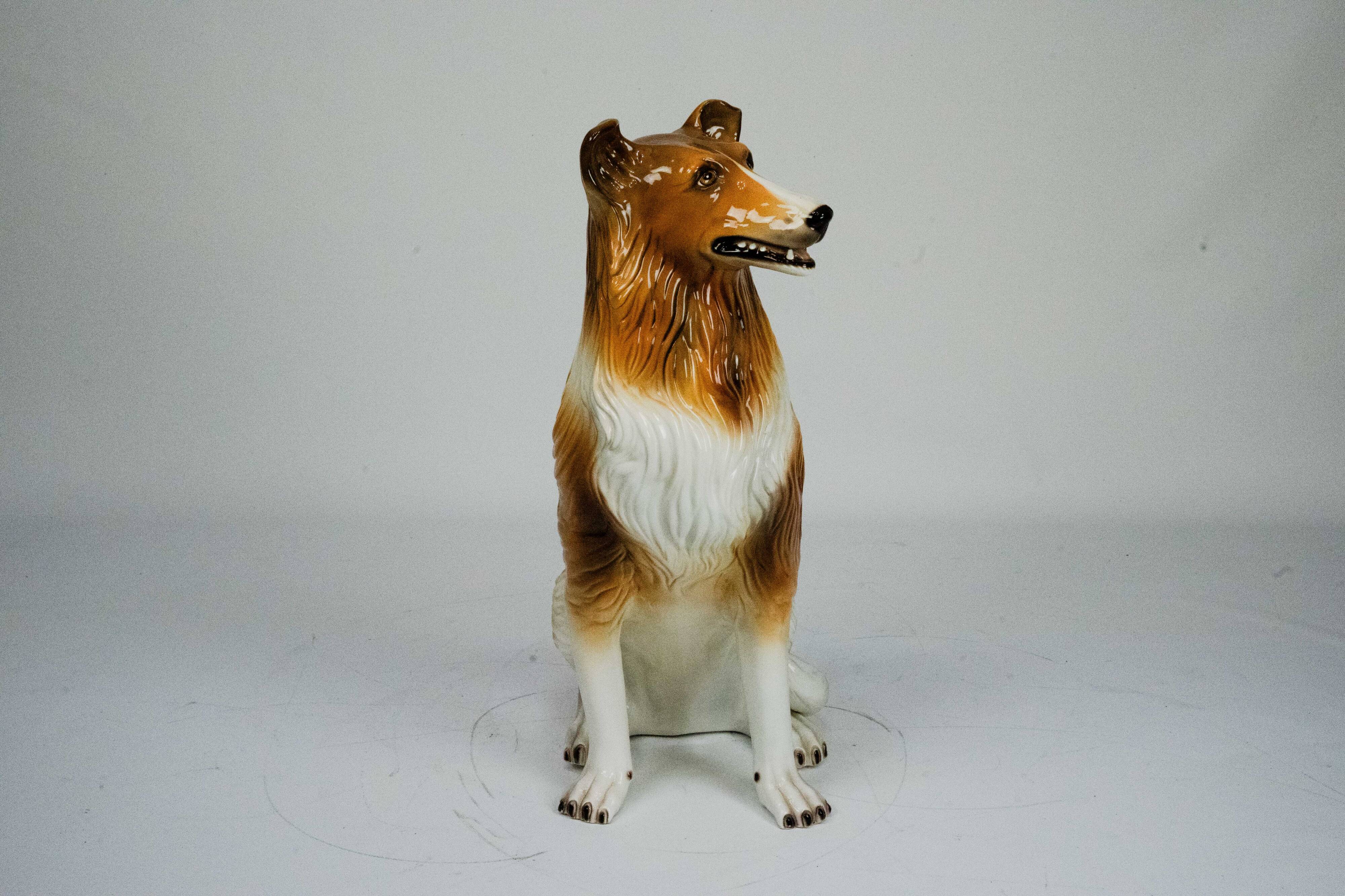 Large Italian Ceramic Sitting Collie Dog Sculpture, 1970s