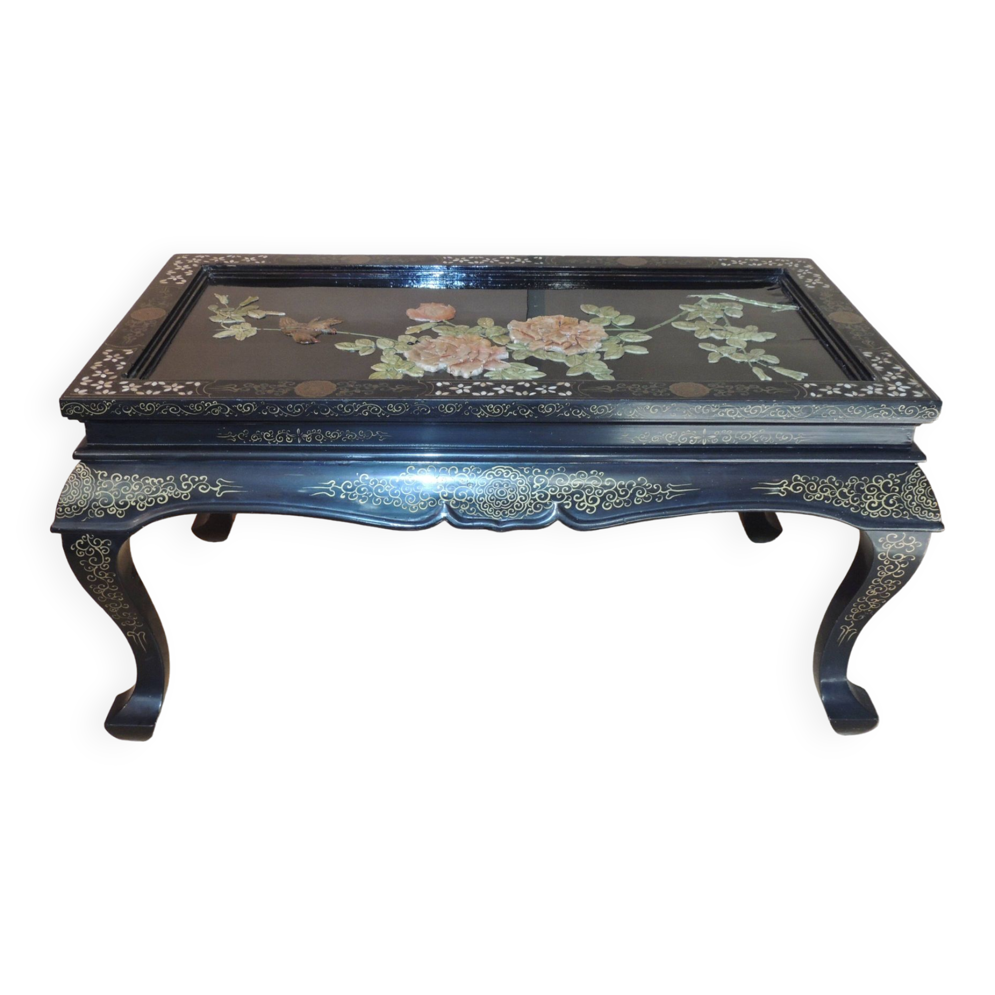 Table basse japonaise décor floral et oiseaux/vintage