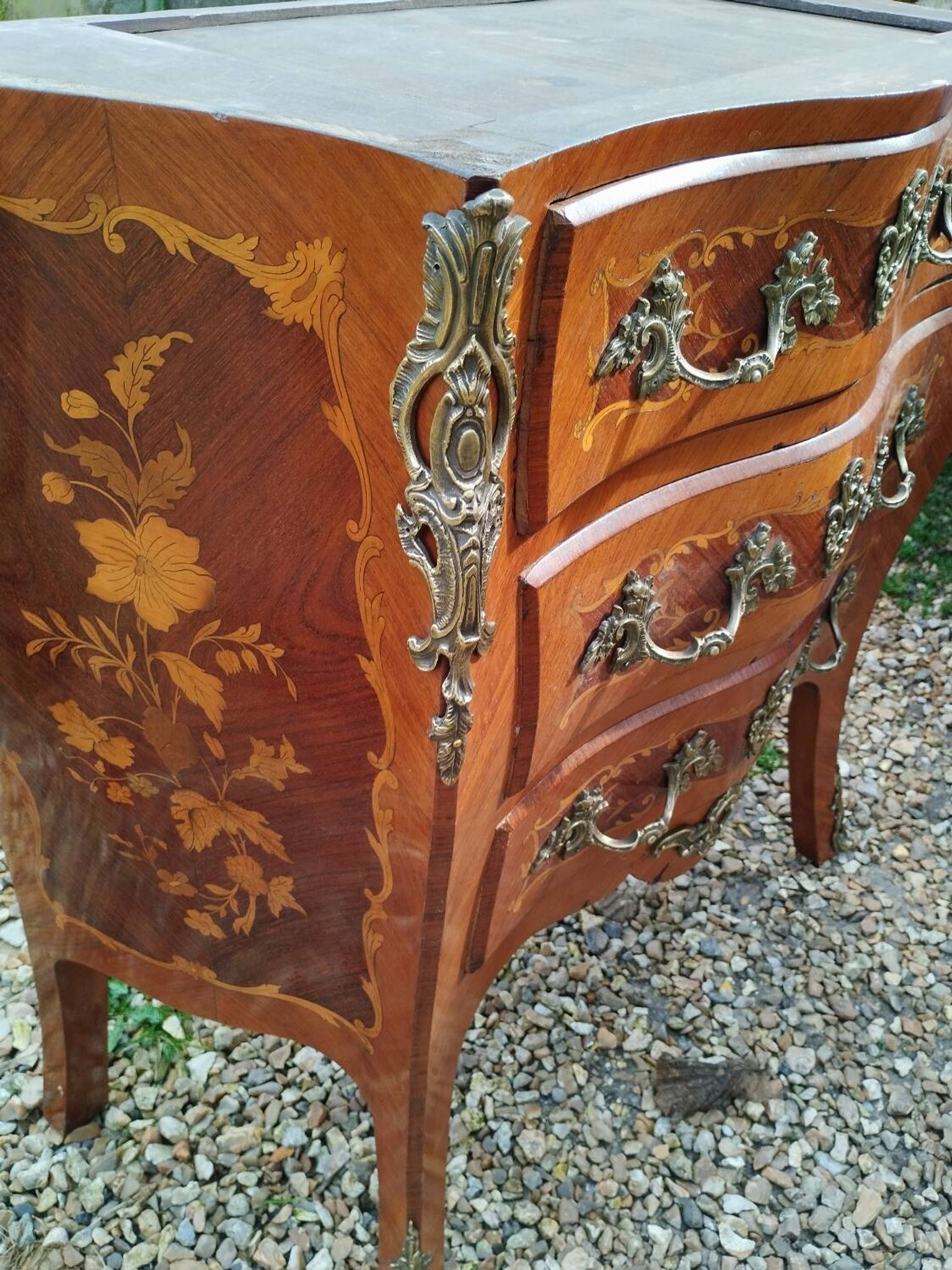 Louis xv style marble top marquetry chest of drawers