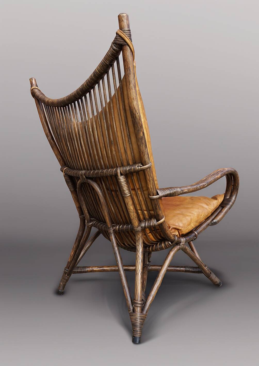 Chaise longue vintage en bambou et rotin avec coussins en cuir, années 1960