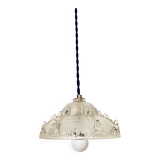 Glass pendant light, braided fabric cable and porcelain ceiling rose