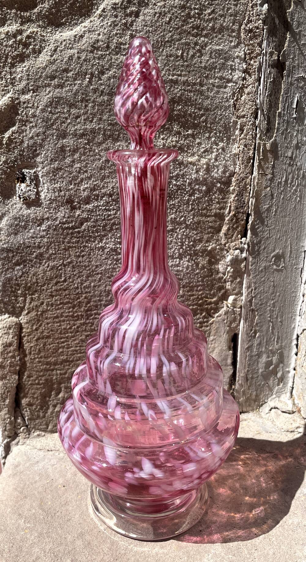 Modernist liqueur carafe clichy pink and white table art
