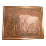 Hs canvas painting "horses" signed l.grun in its frame