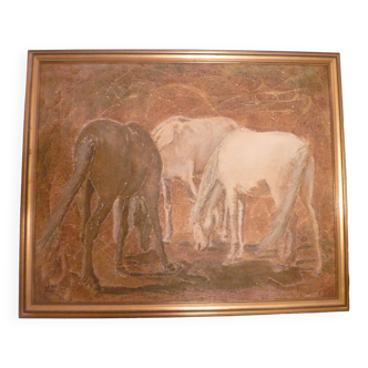 Hs canvas painting "horses" signed l.grun in its frame