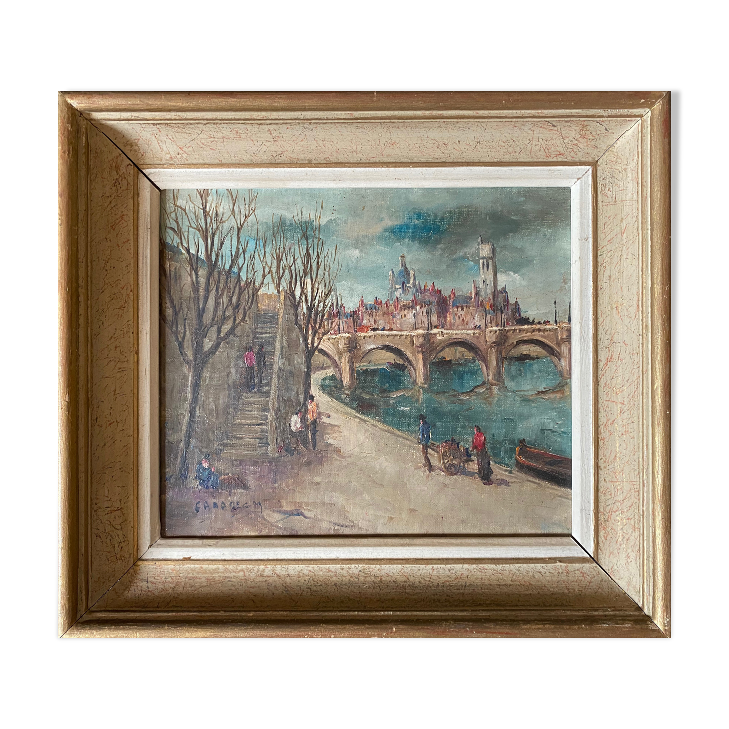 Tableau "Quai de Seine", Paris par Marcel Caradec (1901-1998) avec cadre