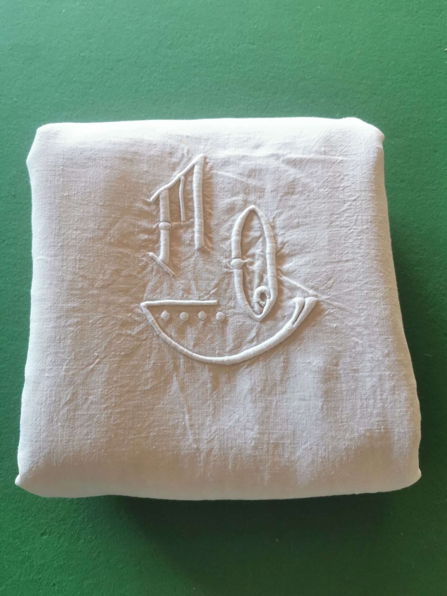 Drap ancien en lin monogrammé 3,40x2,20 m