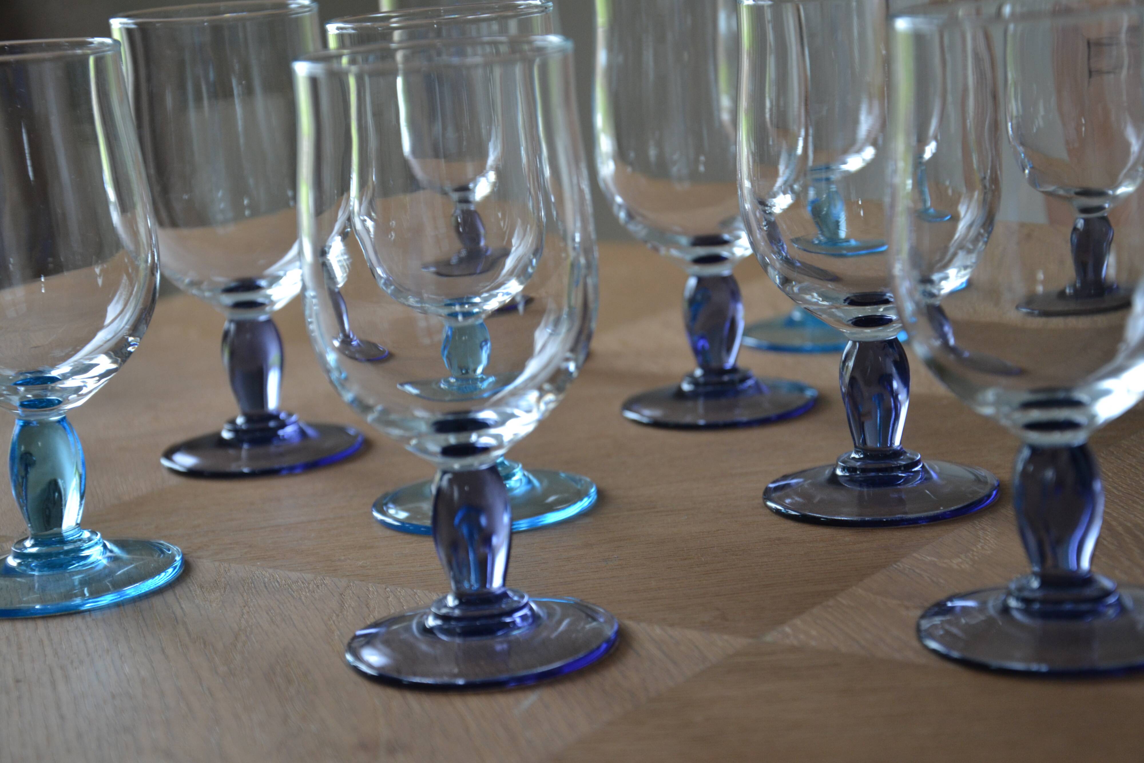 12 blue and purple stemmed glasses