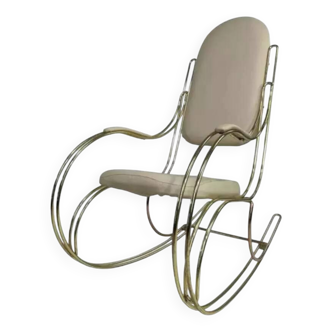1960s rocking chair in brass and ecru imitation leather