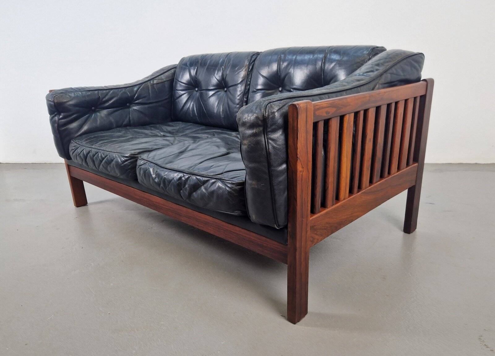 Mid-Century Modern Scandinavian Monte Carlo Sofa in Black Leather and Wood by Ingvar Stockum, 1965
