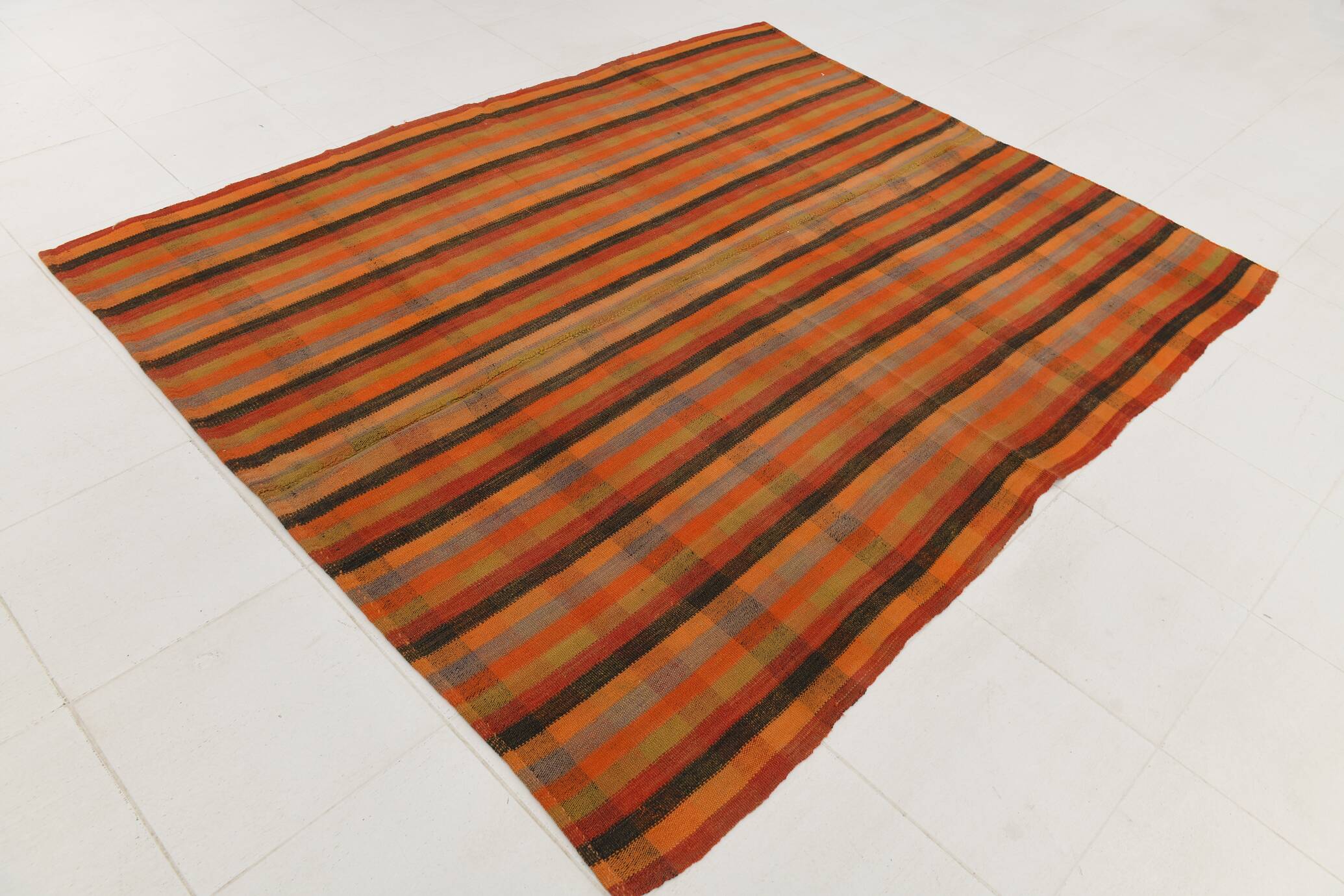 Kilim Vintage à Rayures Fait Main en Laine, Tons Terre et Orange, 200x240