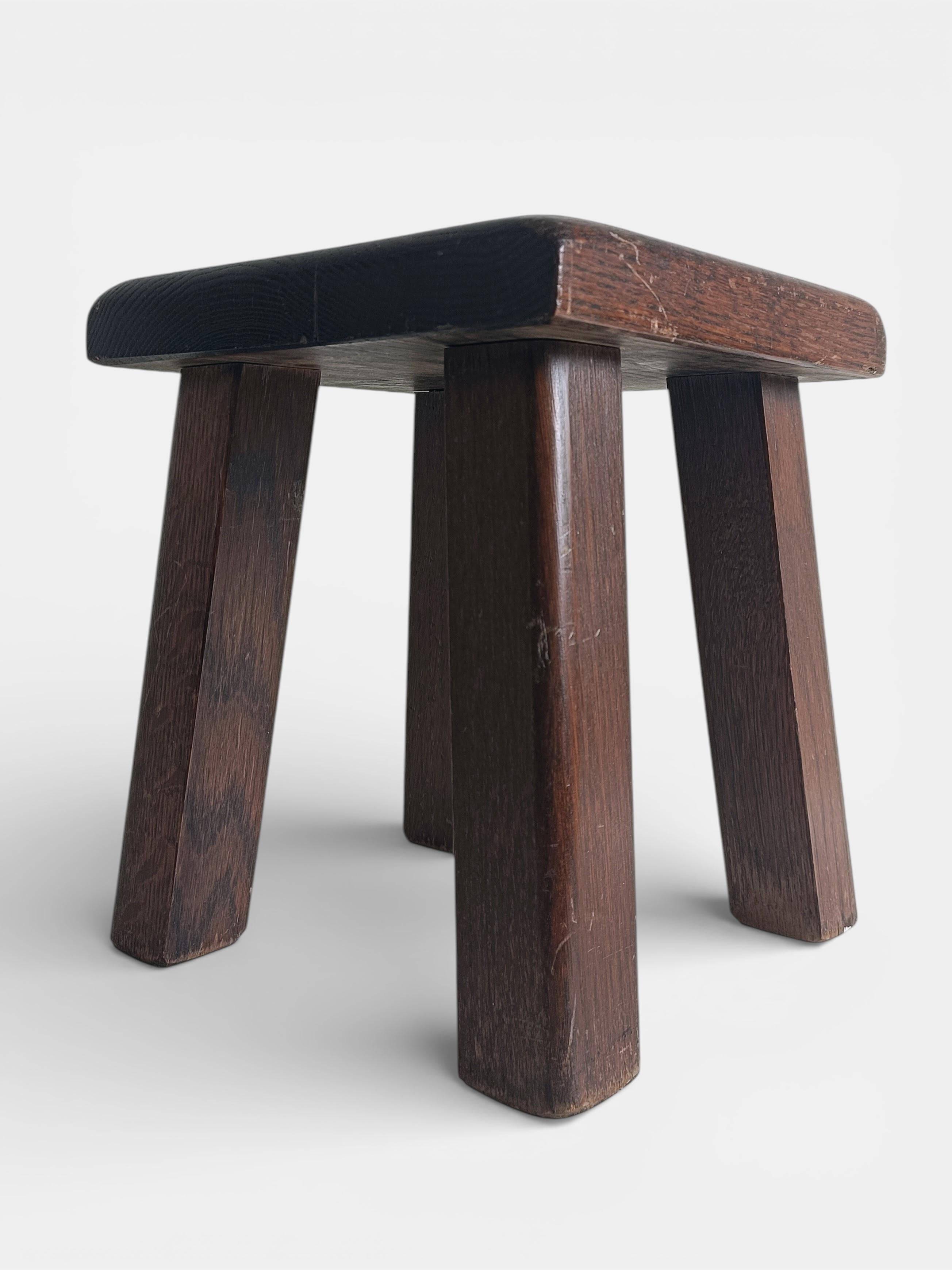 Vintage Rustic French Oak Stool in Pierre Chapo Style, Early 20th-C