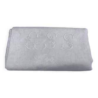 Vintage white tablecloth with lilacs, monogrammed GSS