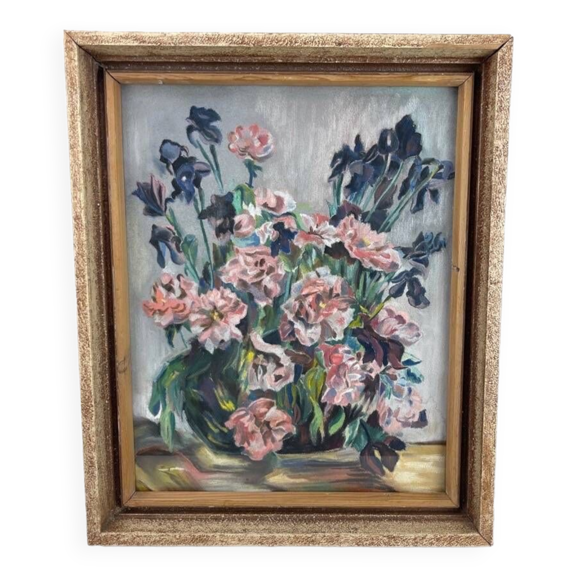 Pastel still life of iris and carnations