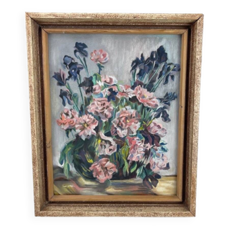 Pastel still life of iris and carnations