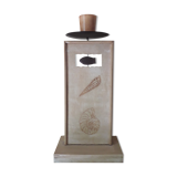 Patinated wooden candle holder, engraved with metal cup, sea decoration