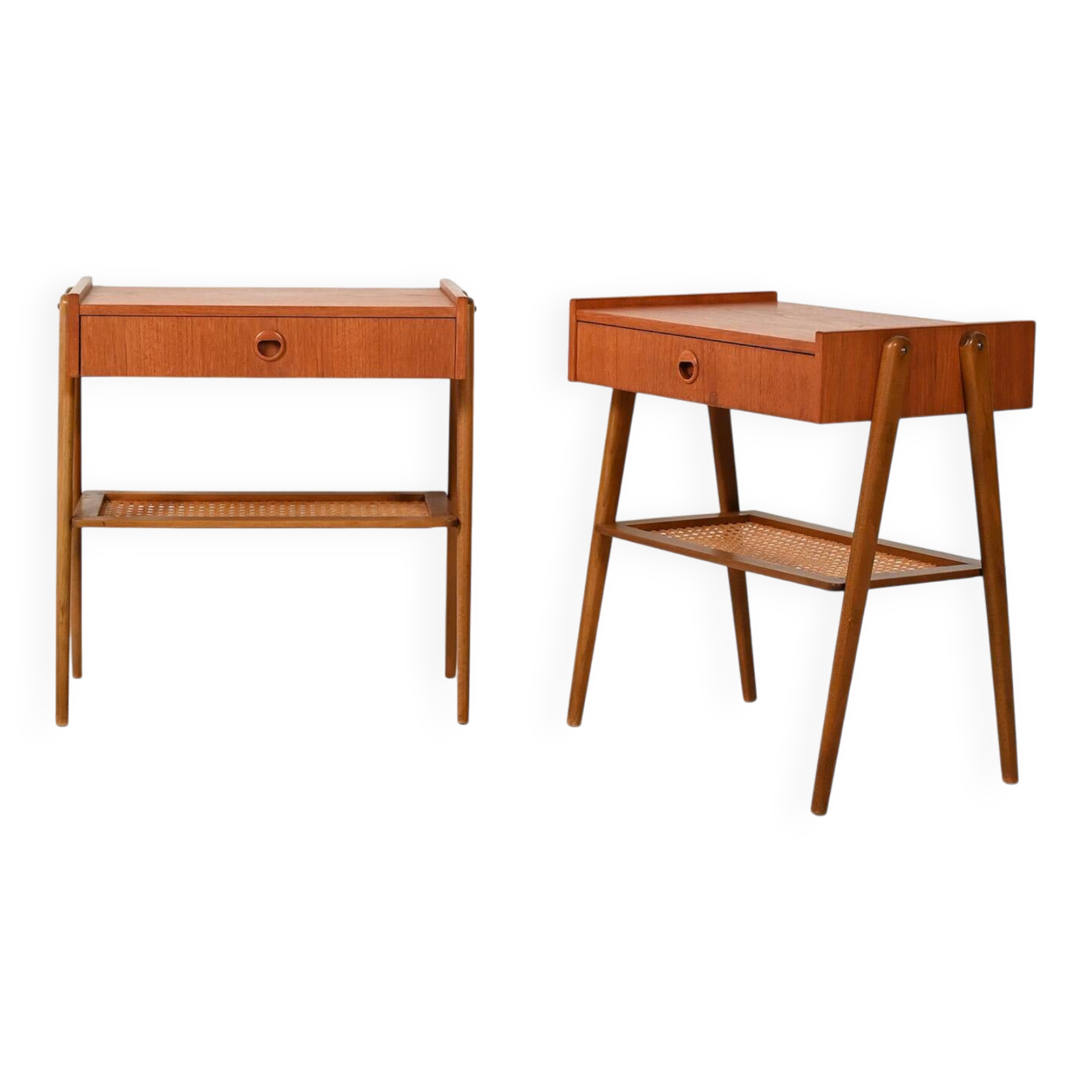 Pair of Scandinavian bedside tables in teak with Vienna cane