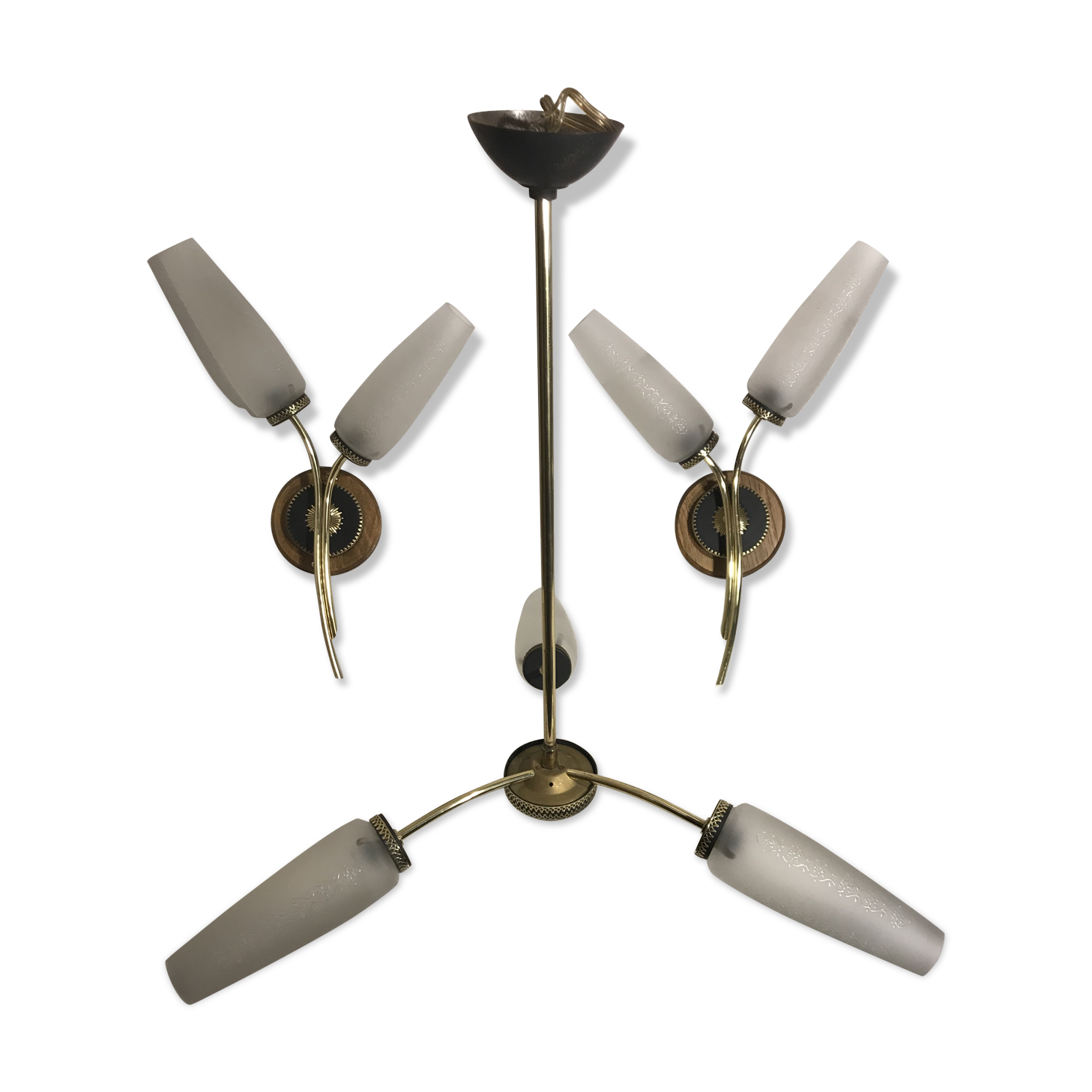 Lot brass suspension and 2 brass double wall sconces 70s