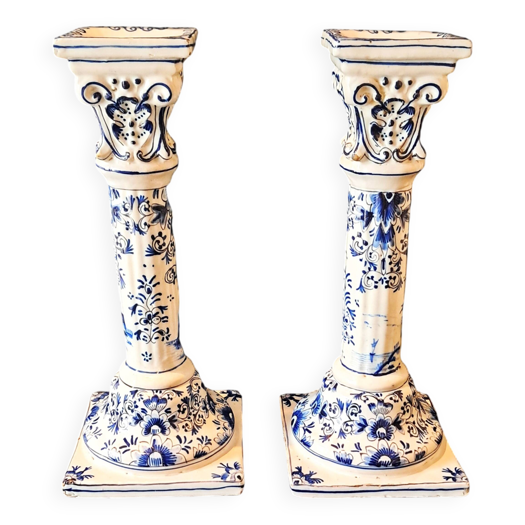 Antique Pair of Column Candlesticks in Blue and White Delftware