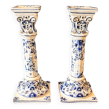 Antique Pair of Blue and White Delftware Column Candlesticks