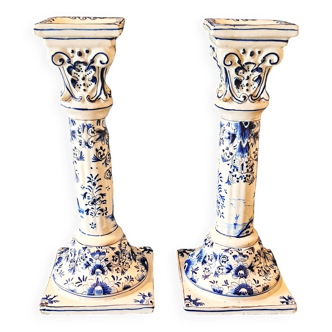 Antique Pair of Blue and White Delftware Column Candlesticks