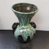 Ancien vase gaubier céramique émaillée noire coulures vert blanc vintage