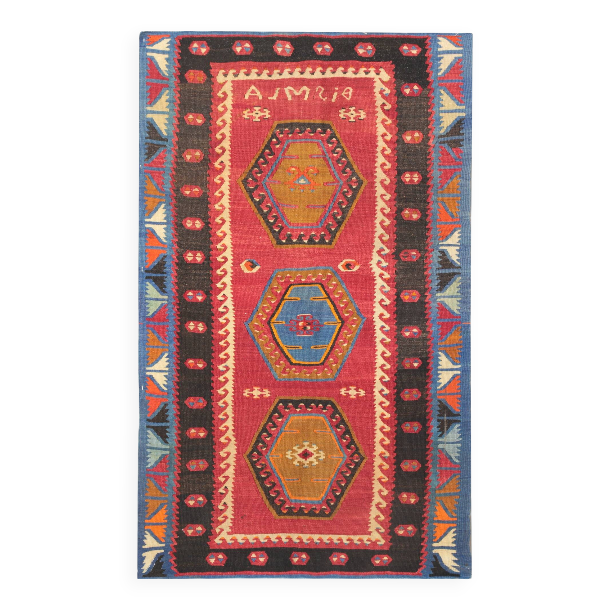 1940s Turkish Kilim Rug, Small Wool Medallion Flatweave 75 x 130 cm